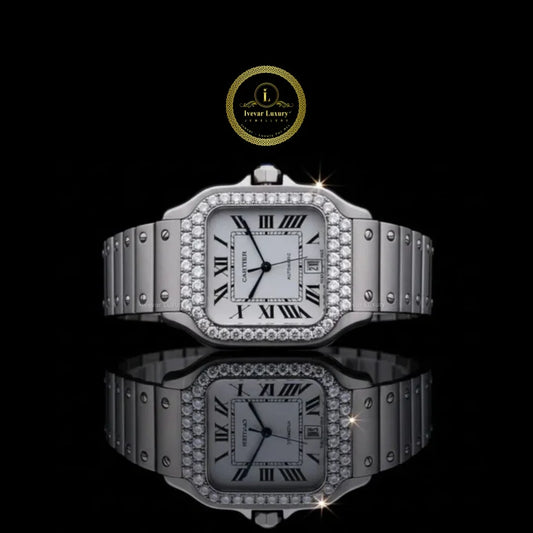 Round Cut Diamond Bezel Square Style Roman Numerals Watch with Screw Link Bracelet