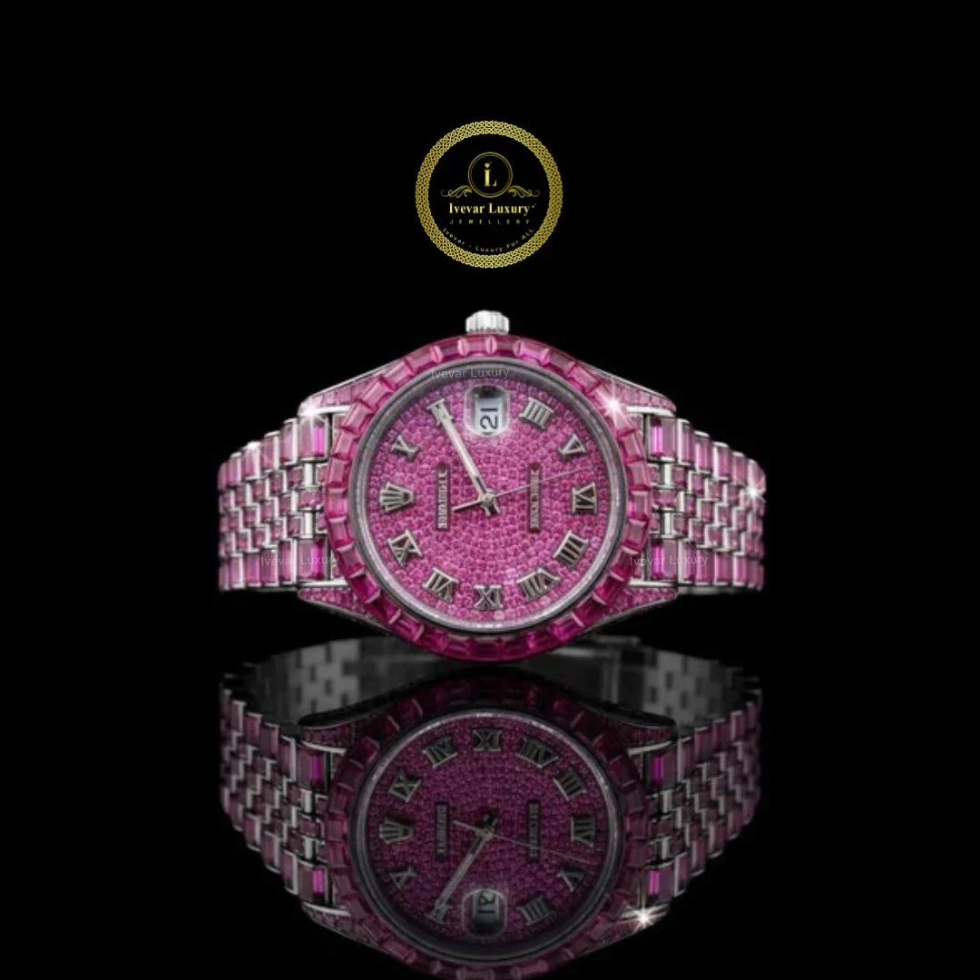 Full Iced Out Pink Diamond Watch with Baguette Pink Bezel & Roman Dial