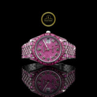 Full Iced Out Pink Diamond Watch with Baguette Pink Bezel & Roman Dial