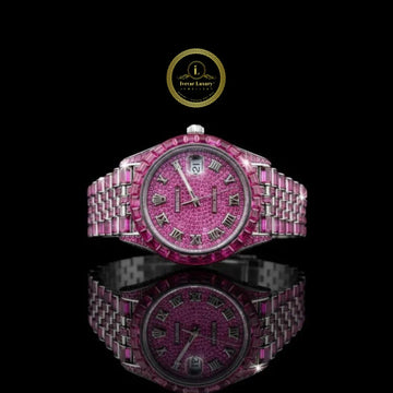 Full Iced Out Pink Diamond Watch with Baguette Pink Bezel & Roman Dial