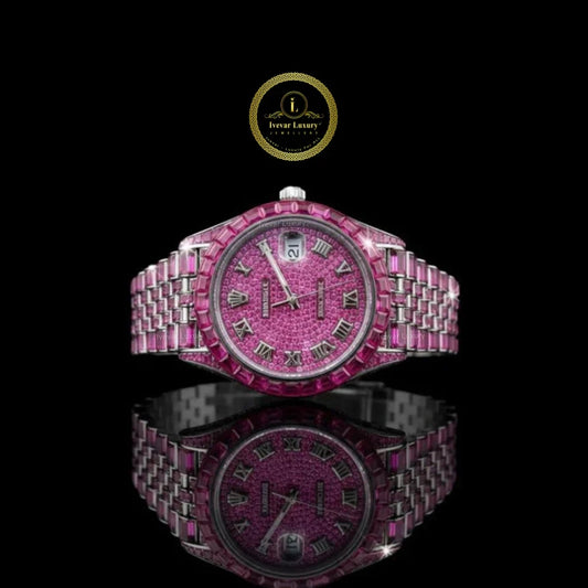 Full Iced Out Pink Diamond Watch with Baguette Pink Bezel & Roman Dial