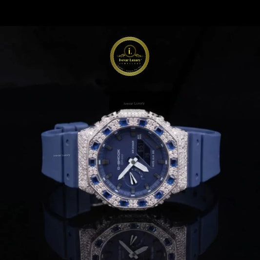 Blue Sapphire Diamond Bezel Quartz Watch for Men