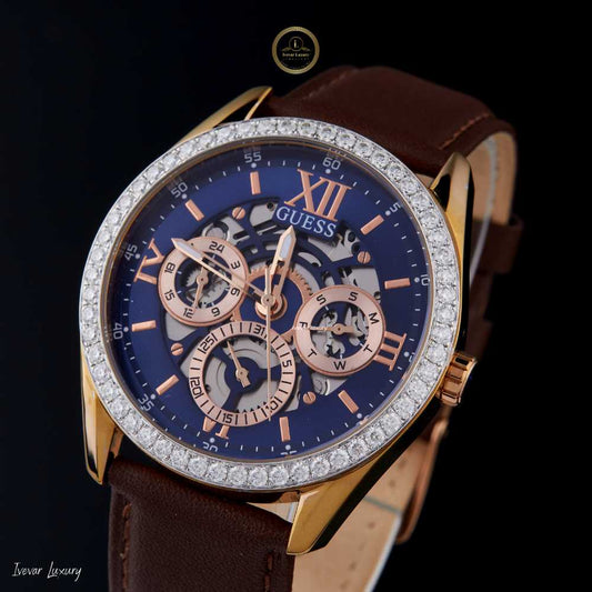 Round Diamond Bezel Multi-Function Brown Leather Wrist Watch