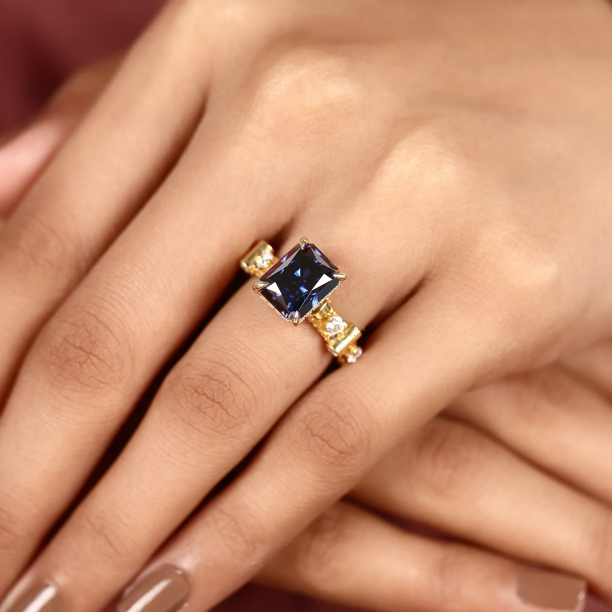 Radiant Cut Blue Sapphire Moissanite Diamond Engagement Ring with Diamond Accent Bar Band