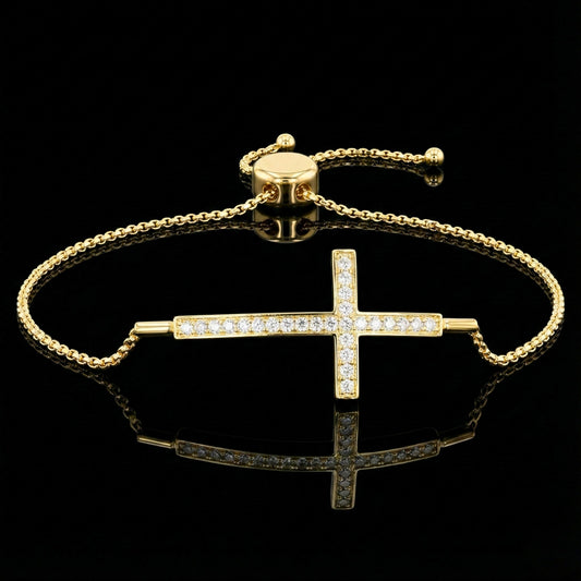 Round Moissanite Diamond Horizontal Cross Adjustable Bolo Bracelet