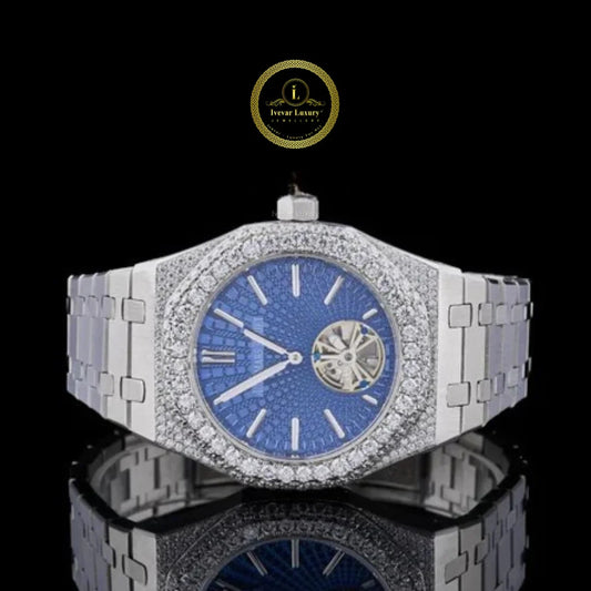 Custom Diamond-Encrusted Tourbillon Watch with Ice Blue Patterned Dial