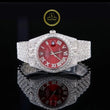 Full Iced Out Diamond Calendar Watch with Red Sunburst Dial & Diamond Roman Numerals