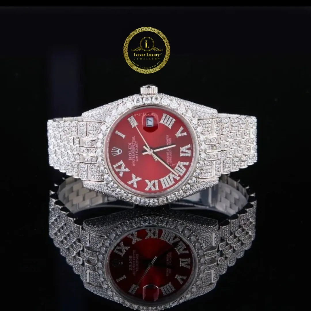 Full Iced Out Diamond Calendar Watch with Red Sunburst Dial & Diamond Roman Numerals