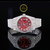 Full Iced Out Diamond Calendar Watch with Red Sunburst Dial & Diamond Roman Numerals