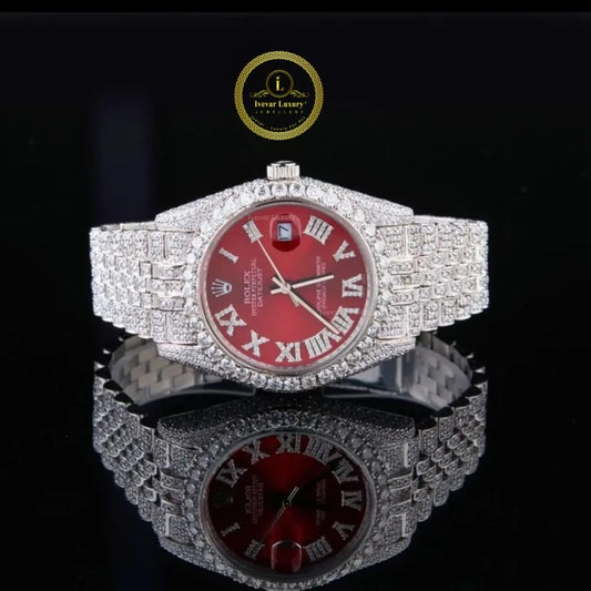 Full Iced Out Diamond Calendar Watch with Red Sunburst Dial & Diamond Roman Numerals