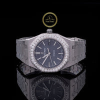 Round Cut Diamond Bezel Royal Oak Style Watch with Integrated Link Bracelet