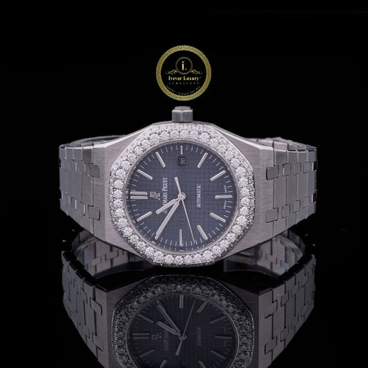 Round Cut Diamond Bezel Royal Oak Style Watch with Integrated Link Bracelet