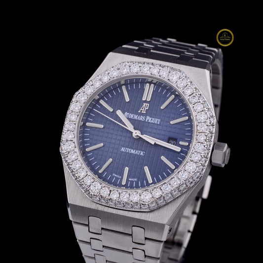 Round Cut Diamond Bezel Royal Oak Style Watch with Integrated Link Bracelet