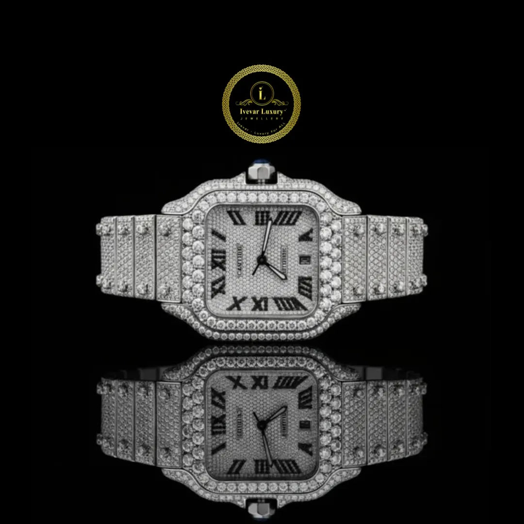 Full Iced Out Diamond Square Watch with Roman Dial & Date Display