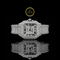 Full Iced Out Diamond Square Watch with Roman Dial & Date Display