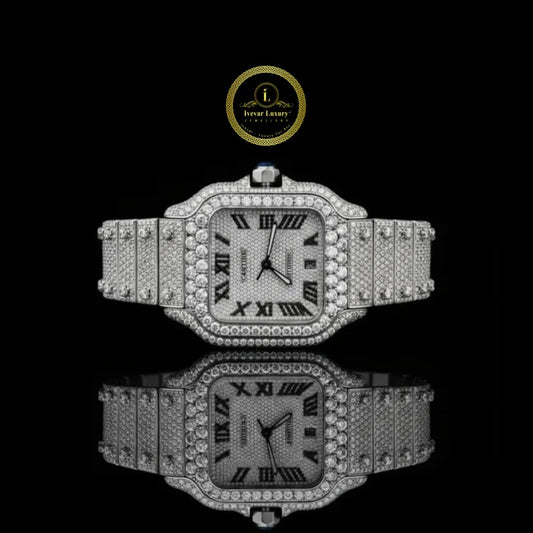 Full Iced Out Diamond Square Watch with Roman Dial & Date Display