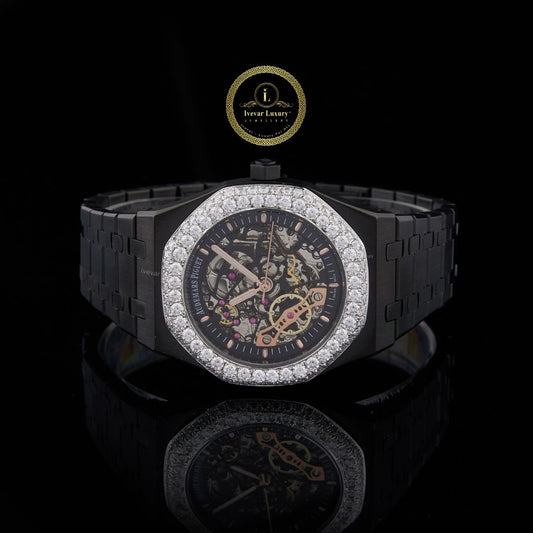 Round Cut Diamond Bezel Royal Oak Skeleton Style Watch with Integrated Black Band