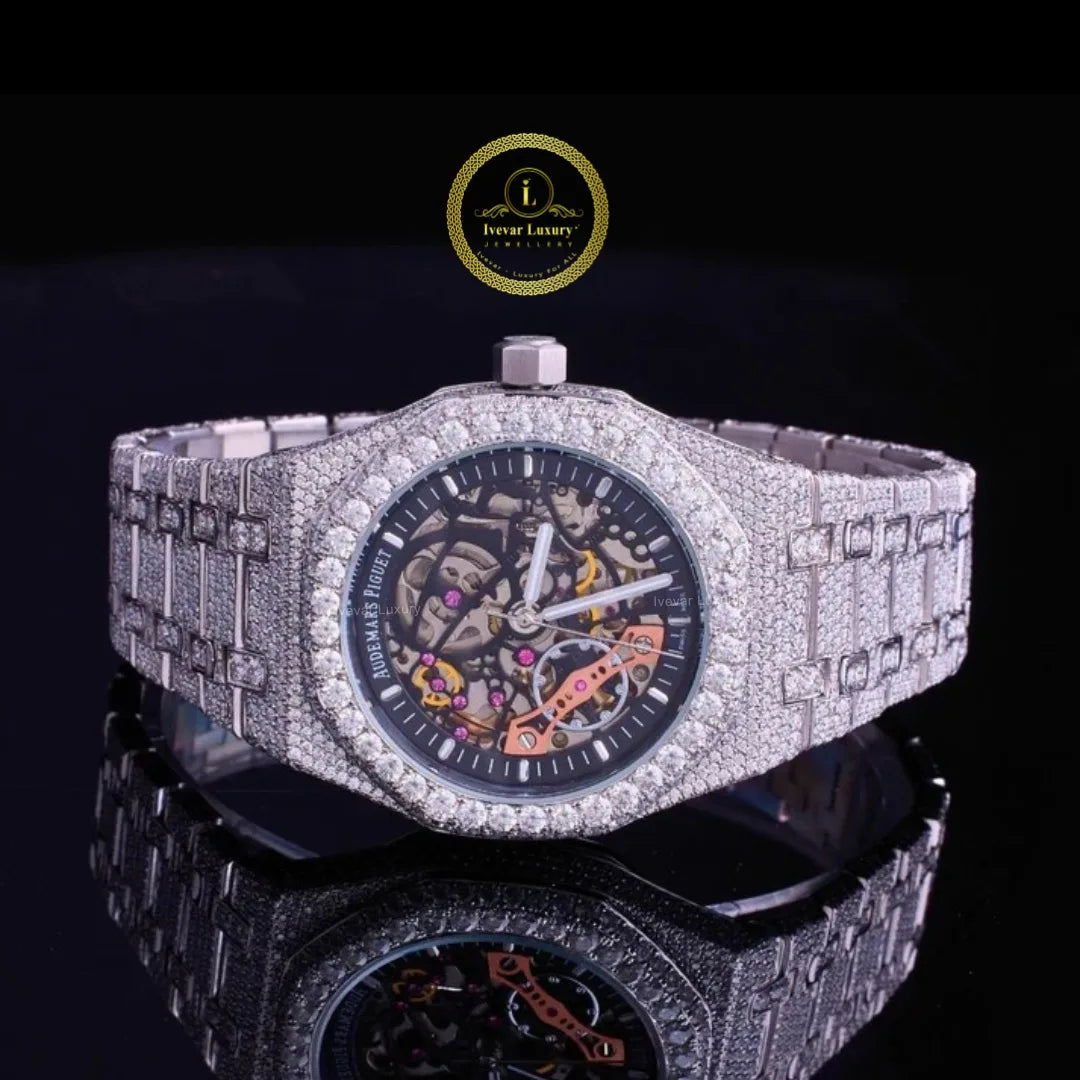 Full Iced Out Diamond Skeleton Watch with Open-Work Dial & Pave Link Band