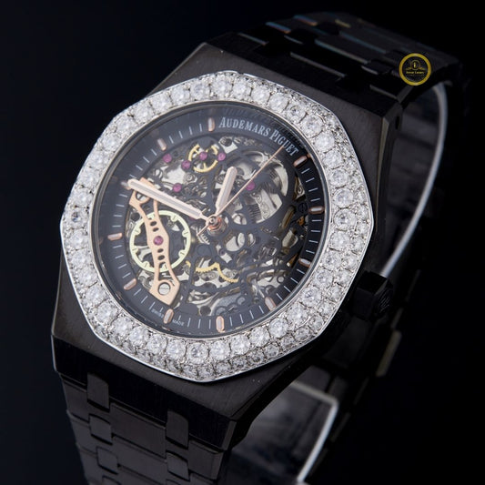 Round Cut Diamond Bezel Royal Oak Skeleton Style Watch with Integrated Black Band