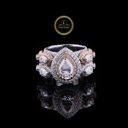 Full Hip Hop Pear Shape Moissanite Diamond Ring With ROund Cut and Marquise Diamond Ring by Ivevar.