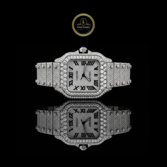 Full Iced Out Diamond Square Watch with Roman Dial & Date Display