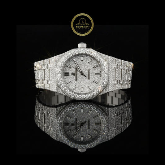 Full Iced Out White Gold Moissanite Diamond Watch with Baguette Dial