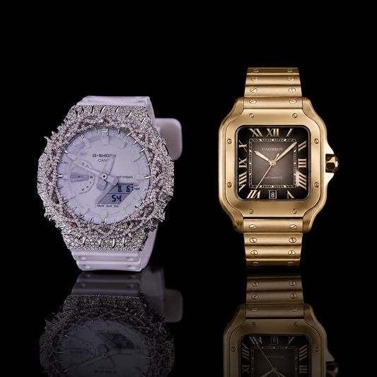 Luxury Half Iced-Out White Watch & Gold Square Dial Watch – Premium Dual Timepiece Collectio