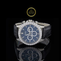 Round Cut Diamond Bezel Chronograph Watch with Black Leather Strap
