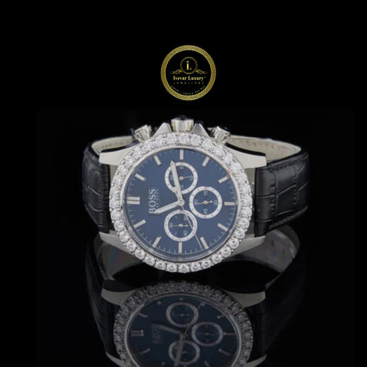 Round Cut Diamond Bezel Chronograph Watch with Black Leather Strap