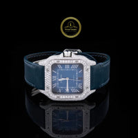 Blue Dial Diamond Square Watch with Diamond Bezel & Blue Leather Strap