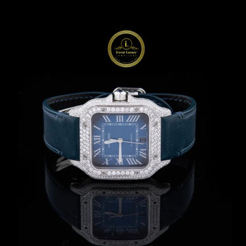 Blue Dial Diamond Square Watch with Diamond Bezel & Blue Leather Strap