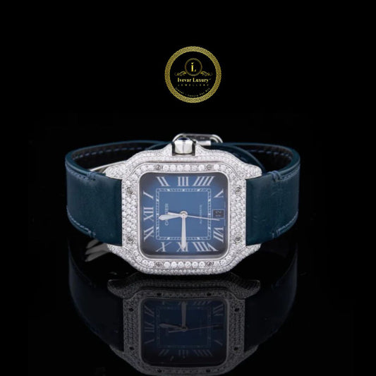 Blue Dial Diamond Square Watch with Diamond Bezel & Blue Leather Strap