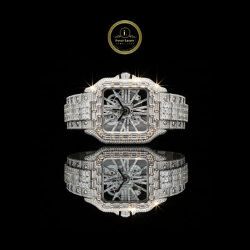 Full Iced Out Two-Tone Diamond Square Watch with Roman Dial & Pave Link Band