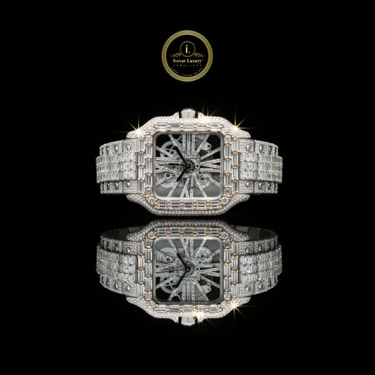 Full Iced Out Two-Tone Diamond Square Watch with Roman Dial & Pave Link Band
