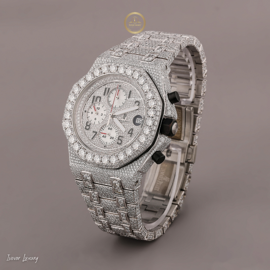 Full Iced Out Diamond Chronograph Watch with Racing Numeral Dial & Diamond Bezel