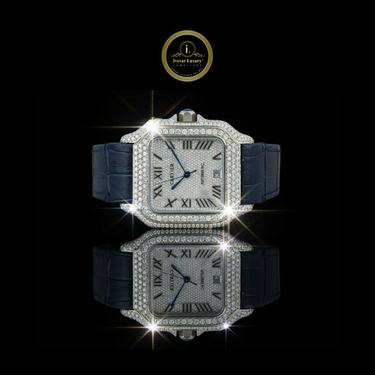 Elegant Diamond-Set Square Watch with Blue Leather Strap and Roman Numeral Dial