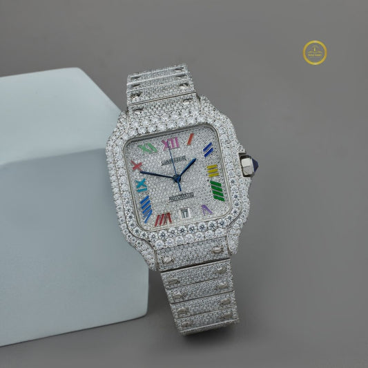 Full Iced Out Diamond Square Watch with Rainbow Roman Dial & Diamond Bezel