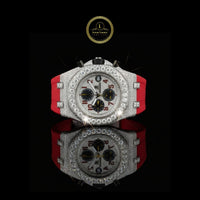 Half Iced Out Moissanite Diamond Chronograph Watch with Red Rubber Strap
