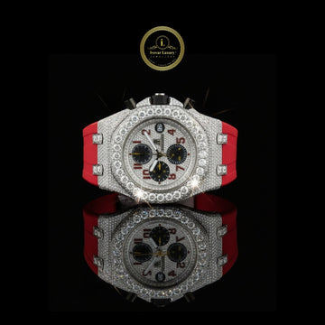 Half Iced Out Moissanite Diamond Chronograph Watch with Red Rubber Strap