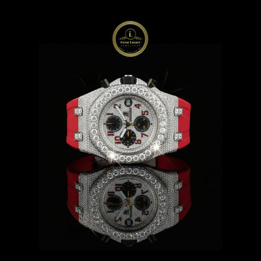 Half Iced Out Moissanite Diamond Chronograph Watch with Red Rubber Strap