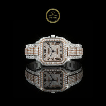 Full Iced Out Two-Tone Diamond Square Watch with Roman Dial & Pave Link Band