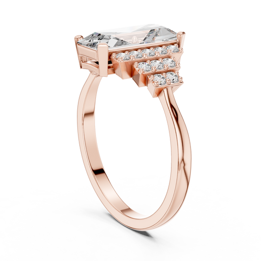 Emerald Cut Moissanite Diamond Wedding Ring With Round Side Stone