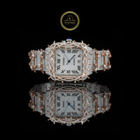 Full Iced Out Custom Diamond Watch with Thorn Bezel, Roman Dial & Date Display