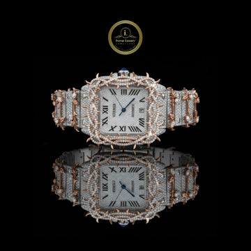 Full Iced Out Custom Diamond Watch with Thorn Bezel, Roman Dial & Date Display