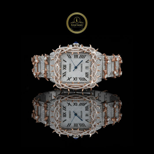 Full Iced Out Custom Diamond Watch with Thorn Bezel, Roman Dial & Date Display