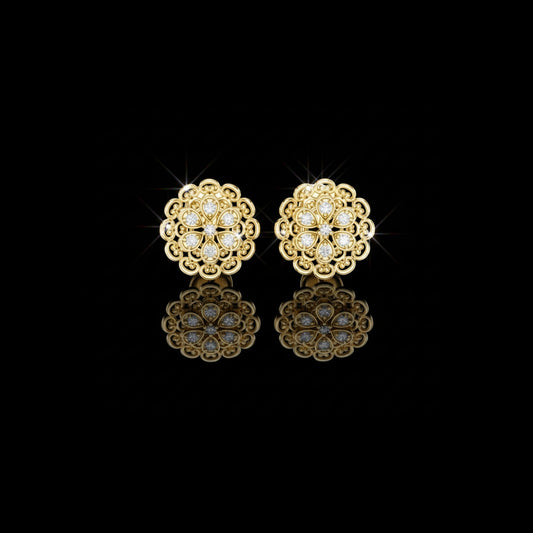 Vintage Lace Floral Round Lab Diamond Stud Earrings with Filigree Detailing