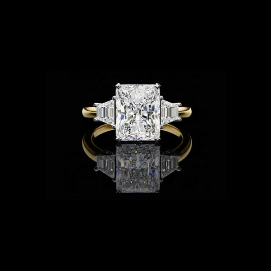 3.03 CT Perfect Radiant Cut Three Stone Ring With Lab Grown Diamond Trapezoid Side Stone Ring