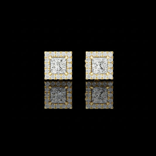 1.00 CT Royal Square Princess Moissanite Diamond Stud Earrings with Halo Round Diamond