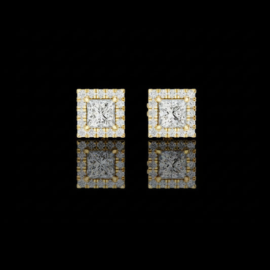 Royal Square Princess Lab Diamond Stud Earrings with Halo Round Diamond