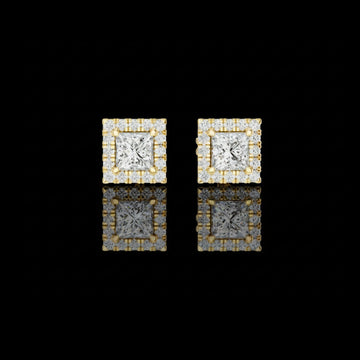 Royal Square Princess Moissanite Diamond Stud Earrings with Halo Round Diamond